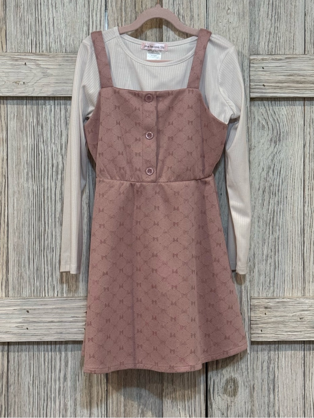 Love Squared Girls' Dusty Rose Pinafore Dress with Cream Top Sz 7/8